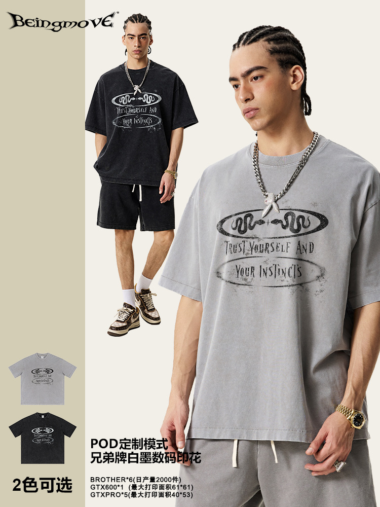 2025 verano americano de alta calidad humedad sensación fría desgaste impresión T calle hacer vieja suelta camisa de manga corta de algodón hombre