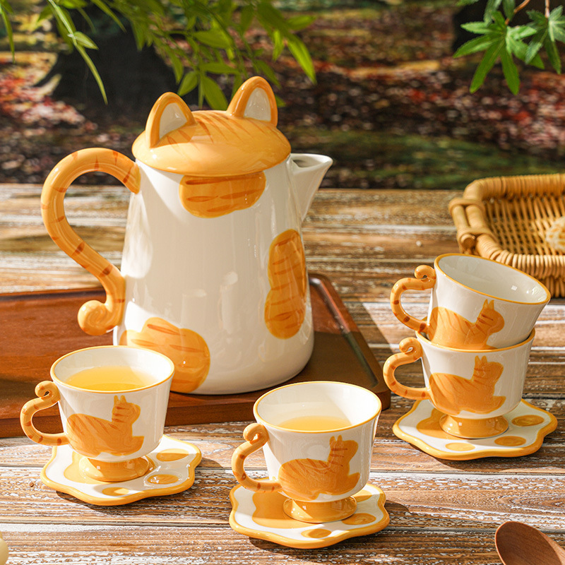 かわいい猫ティーセット午後ティーカップコーヒーカップ猫カップ皿セット黄色オレンジ猫カップ子供カップ|undefined