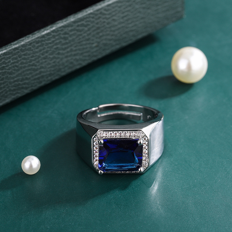 Adjustable Men's Sapphire Colour Ring In Platinum Plated Silver_voghion.com