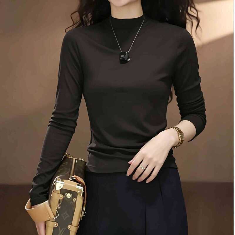 【Small Stand Collar Long Sleeve】Early Autumn Tencel Lyocell Mask T-shirt with Half High Collar, Elegant and Youthful Versatile Top for Women 【Small Stand Collar Long Sleeve】Early Autumn Tencel Lyocell Mask T-shirt with Half High Collar, Elegant and Youthful Versatile Top for Women