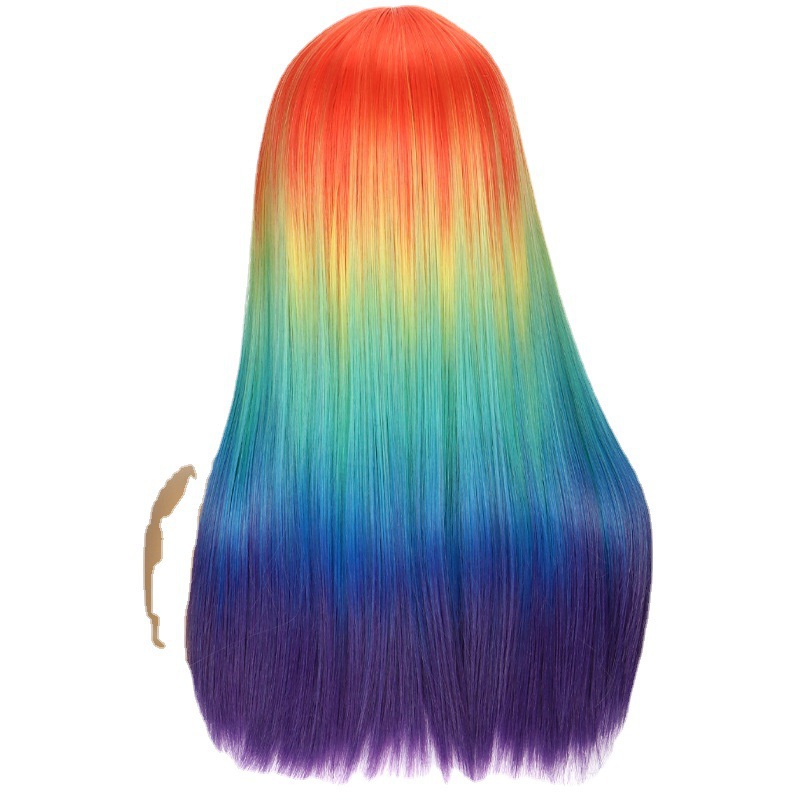 Peluca femenina transfronteriza nueva peluca europea y americana femenina Wig multicolor Qi flequillo de pelo largo y liso fabricante de sombreros de fibra química