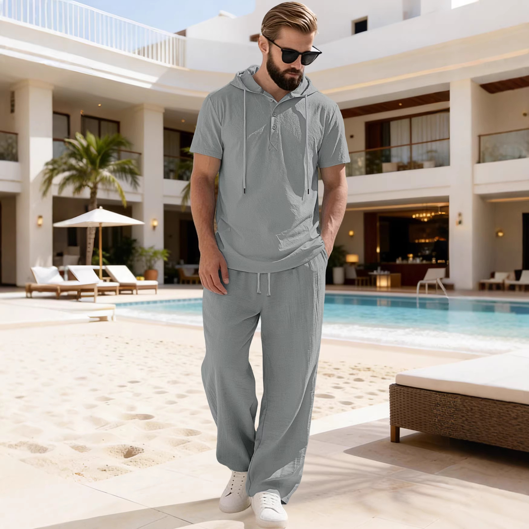Transfronterizos Europa y América Amazon hombre nuevo encapuchado abrazado camisa de algodón y lino de manga corta casual pantalones largos de manga corta set hombre