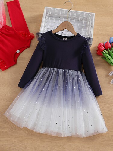 2026 Autumn New Arrival Girls' Dress—Stylish Starry-Sky Mesh Puffy Skirt, Little Girl's Stylish Princess Dress, Formal Gown