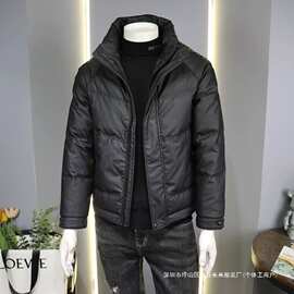 感老花满印皮羽绒服男士冬季新款保暖加厚立领潮流外套短款