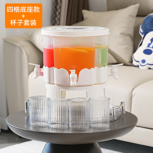 Rotating Cold Water Bucket Glacial Pattern Divided PP Beverage Milk Flower Tea Household Four-Compartment Water Dispenser with Faucet Cold Water Jug Set