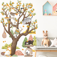 Hand-painted big tree sticker cartoon cat watercolor hill decoration sticker persimmon tree cartoon animal children's room background wall sticker