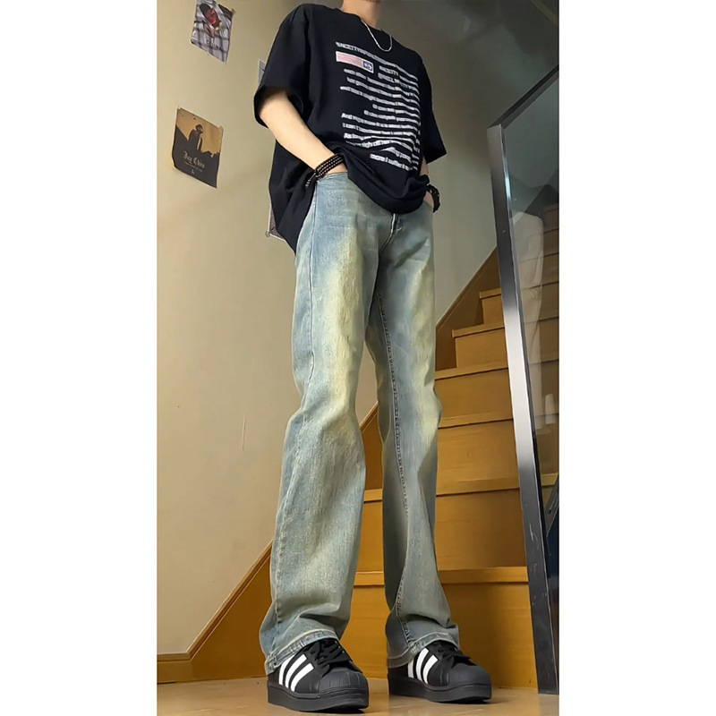 时尚黄泥色牛仔裤男款春秋冬2025新款美式潮牌高街修身直筒微喇裤|undefined