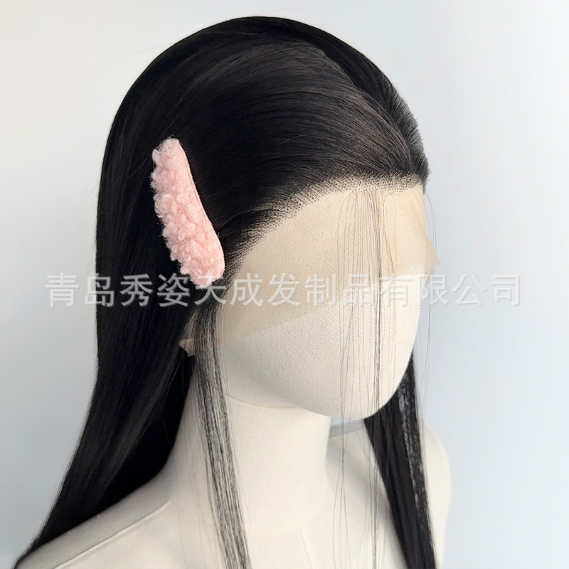 Black Free-Part Long Straight Lace Hand-Crocheted Full Wig with Front Lace Synthetic High-Temperature Fiber Wig for Women