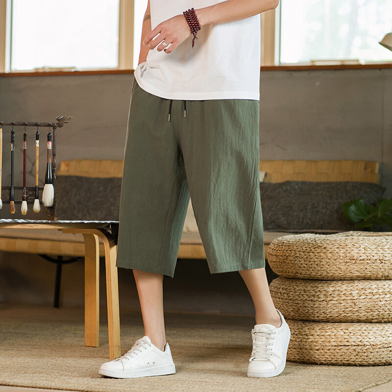 Summer New Men's Cropped Casual Pants Chinese Style Youth Solid Color Simple Retro Loose Straight Pants Men