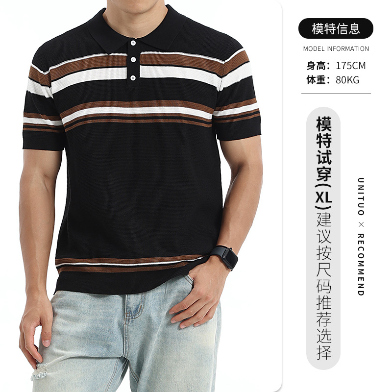 Hombres Waffle Stripe Polo Casual de negocios de alto nivel con collar de manga corta camisa de punto Paul