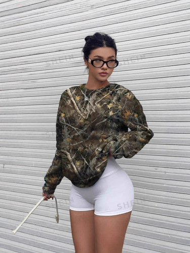 Spring and Autumn Camouflage Tree Branch Pattern Minimalist V-Neck Long-Sleeve Women's Sweatshirt Hot Item