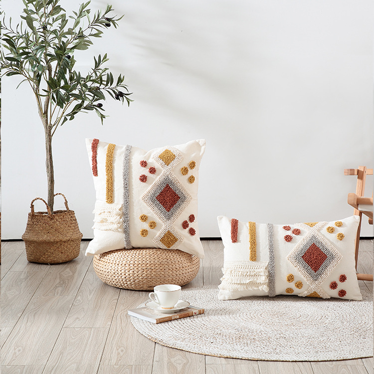 Moroccan style color velvet embroidery pillow case tufted tassel cushion case model room waist pillowcase spot supply_voghion.com