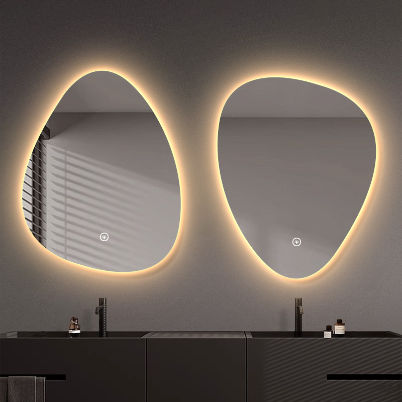 Espejo inteligente de gota de agua de forma extraña pantalla táctil hotel baño espejo de maquillaje con lámpara espejo de baño pared led espejo de baño