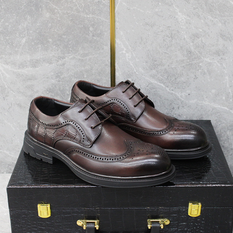 高端商务皮鞋男真皮牛皮布洛克英伦风鳄鱼纹结婚厚底增高德比鞋潮