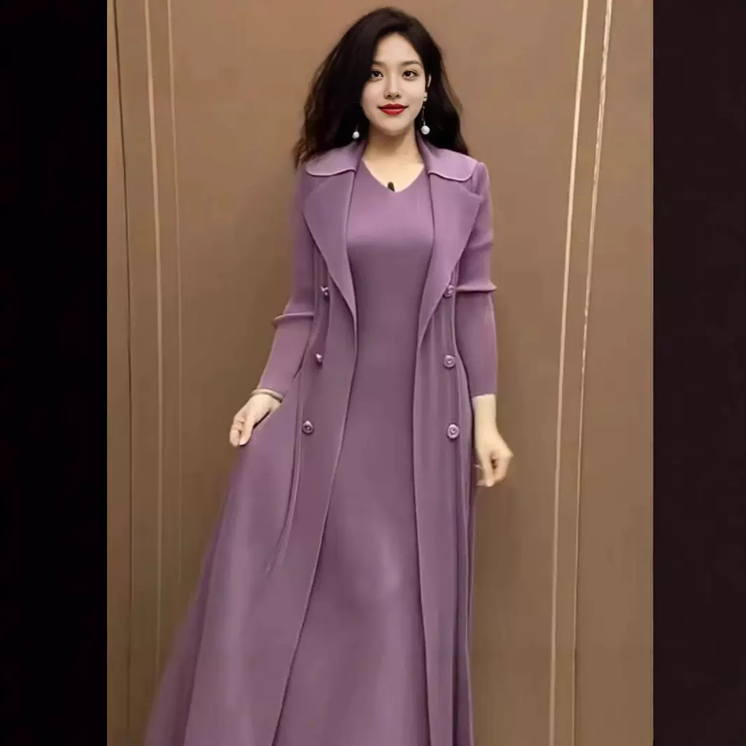 中年妈妈褶皱西装领假两件风衣裙收腰显瘦秋季新款弹力连衣裙套装