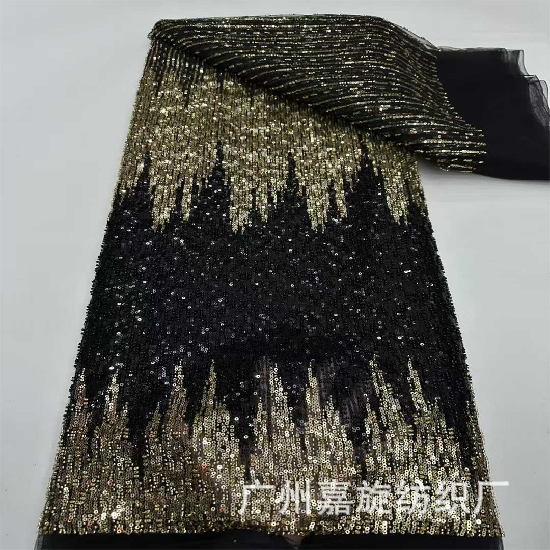 Tela de malla resistente con cuentas en degradado negro y dorado, vestido de novia con cuentas, vestido de noche, tela de encaje con cuentas.