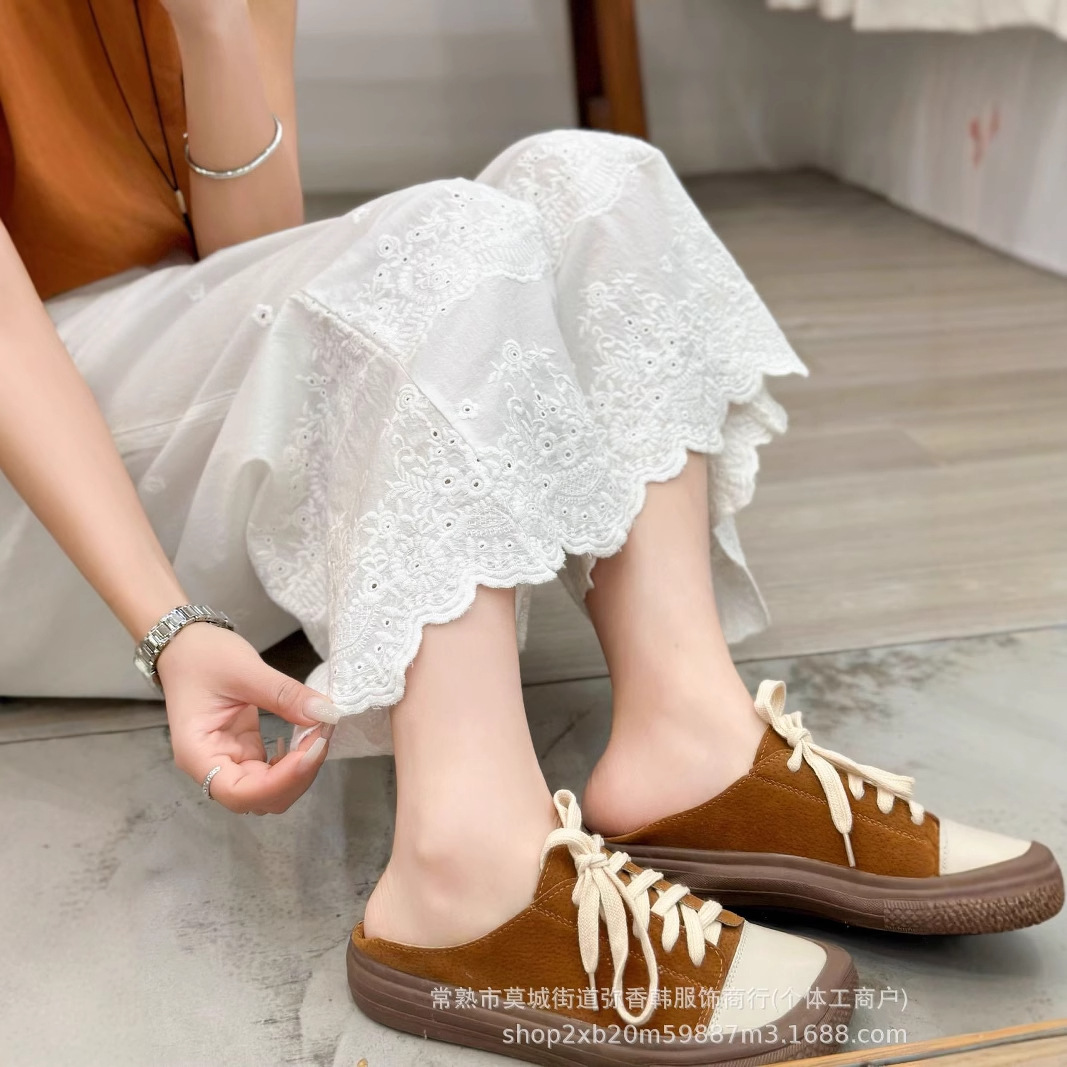 2513森系文艺女宽松阔腿裤棉刺绣打底七分裤松紧腰复古棉麻休闲裤