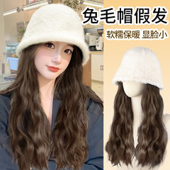 帽子假髮可拆卸全頭套新款秋冬兔毛漁夫帽自然仿真發假髮帽子女款