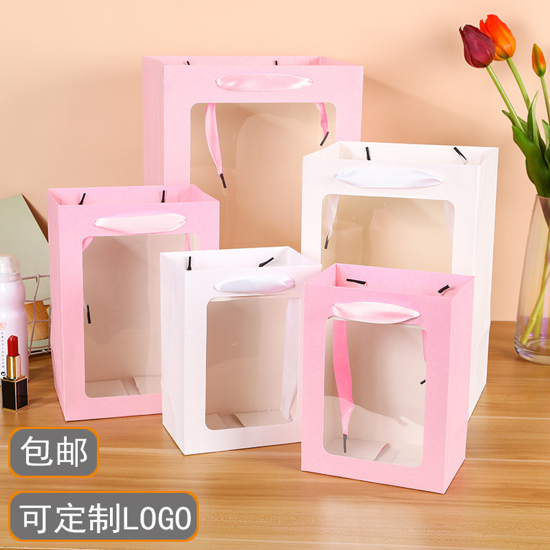 Teacher's Day Gift Skylight Portable Paper Bag Gift Bag with Window Transparent Mother's Day Flower Gift Bag Free Shipping