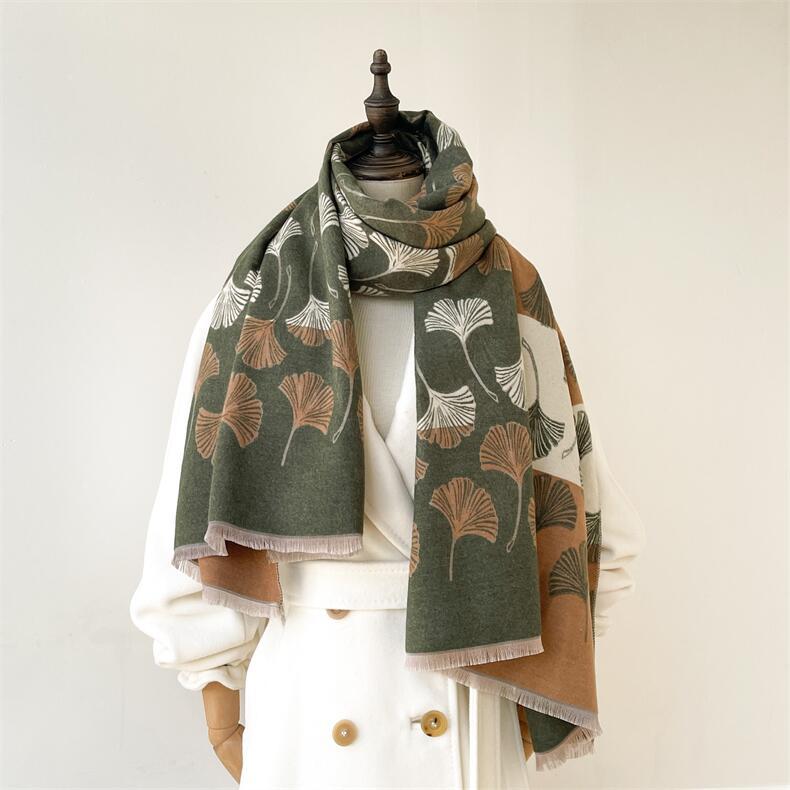684g Weight Scarf Classification Outdoor, Daily Occasion Imitation cashmere Material Ginkgo Leaf Pattern Autumn&Winter Season Women's Gender Japanese Style, Sweet Style Women's Japanese Style Sweet Ginkgo Leaf Imitation Cashmere Scarf 9