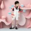 White shorts+vest+black wide striped short shirt+pocket scarf+apricot blue -collar flower
