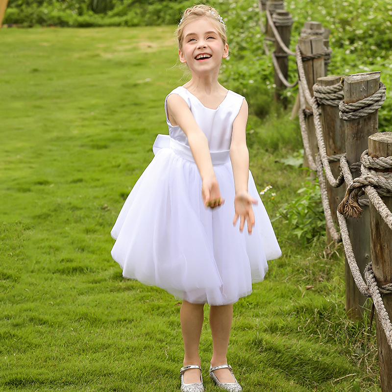 Nuevo europeo y americano transfronterizo vestido de novia de los niños sin mangas de satén arco de cumpleaños de las mujeres rendimiento mullido vestido midi