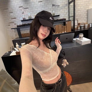 [Original Lace Fabric] Pure Lust Sexy Lace V Neck Long-Sleeved T-Shirt Women's Spring & Fall Short Bottoming Shirt Top