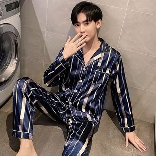 Thin Ice Silk Pajamas Men's Simple Light Luxury Texture Spring and Summer New Silk Outfit Home Clothes suit Autumn