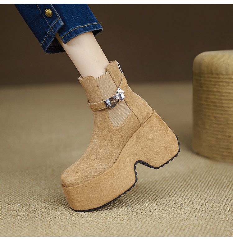 Boot Chelsea nữ cổ thun đế xuồng gót vuông mũi vuông phong cách bụi — Lót đơn màu hạnh chi tiết 6
