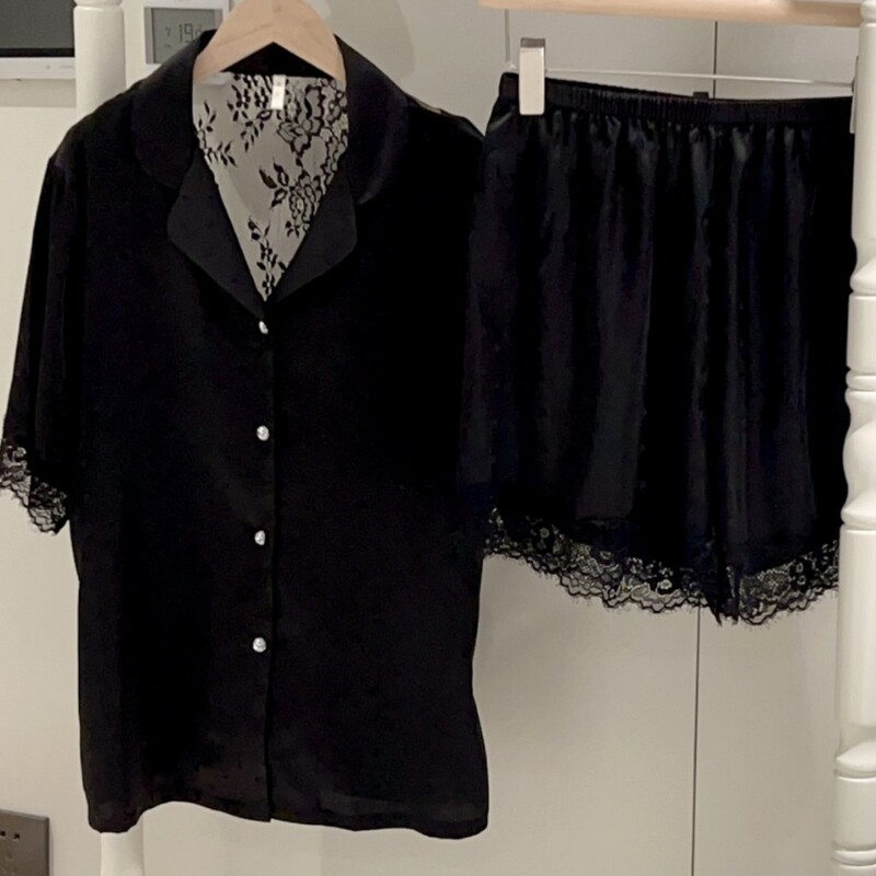Ice Silk Pajamas for Women, Spring and Autumn Style, Short-Sleeved Shorts, Thin Silk Lace, Sexy and Alluring Loungewear Set, French Style