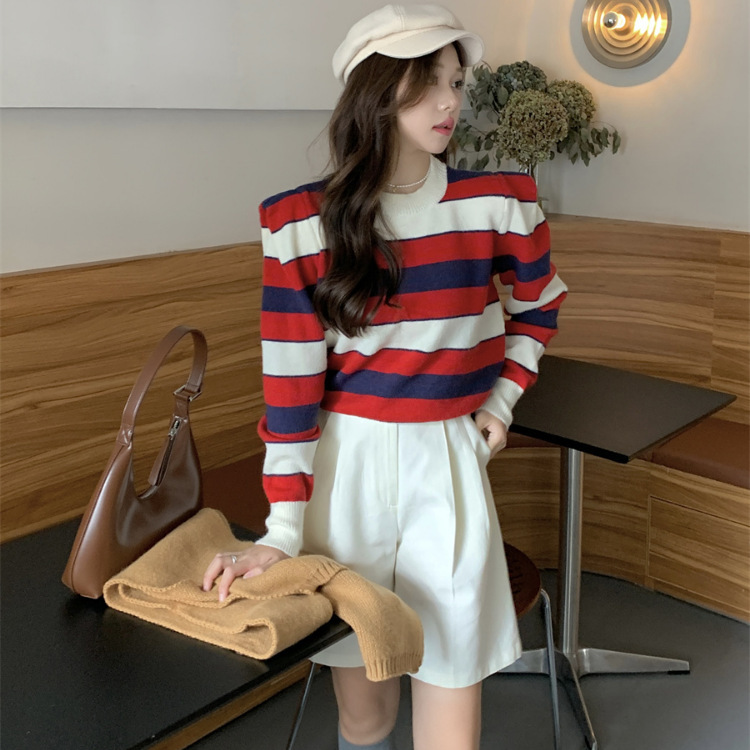 Right Angle Shoulder Puff Sleeve Contrast Color Striped Sweater Women's 2022 Autumn and Winter Retro Western Style Round Neck Pullover Inner Knit Sweater