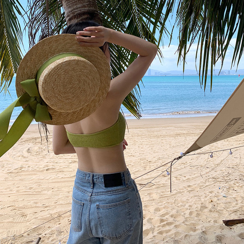 夏季沙滩度假草帽女法式绿色蝴蝶结平顶遮阳防晒帽小清新遮阳帽子