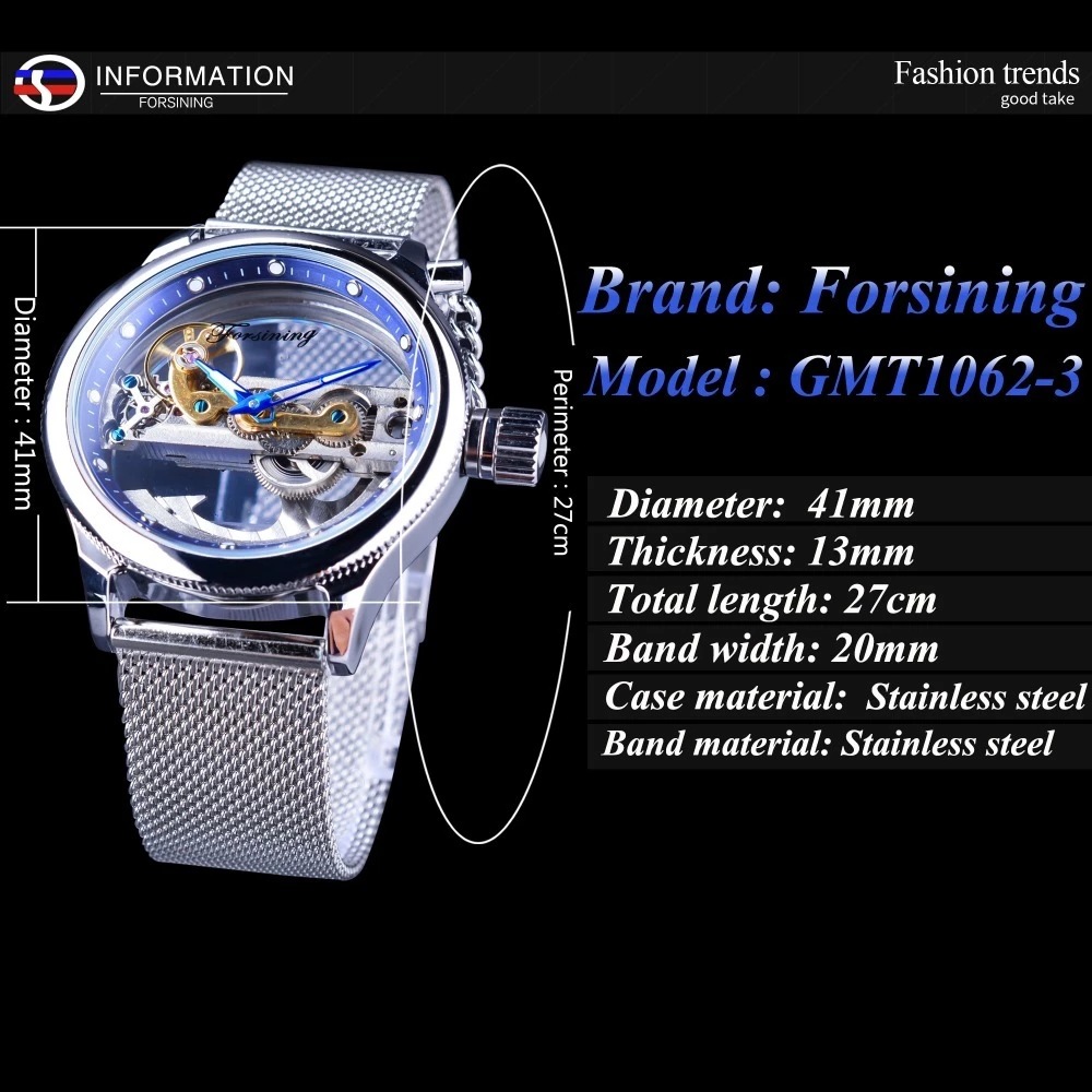 Forsining Men's Transparent One Machine Mechanical Watch Automatic Mesh Belt Hollow Stainless Steel Waterproof Watch_voghion.com