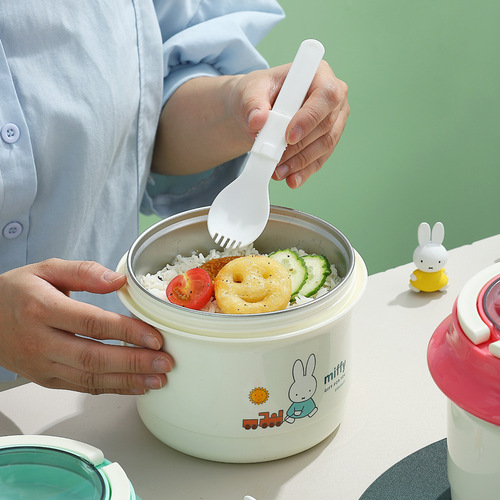 Miffy round double-layer stainless steel lunch box adult student pot fast food cup with tableware portable insulated rice bucket