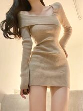 纯欲辣妹紧身包臀裙秋冬女内搭斜肩针织毛衣修身短款长袖连衣裙
