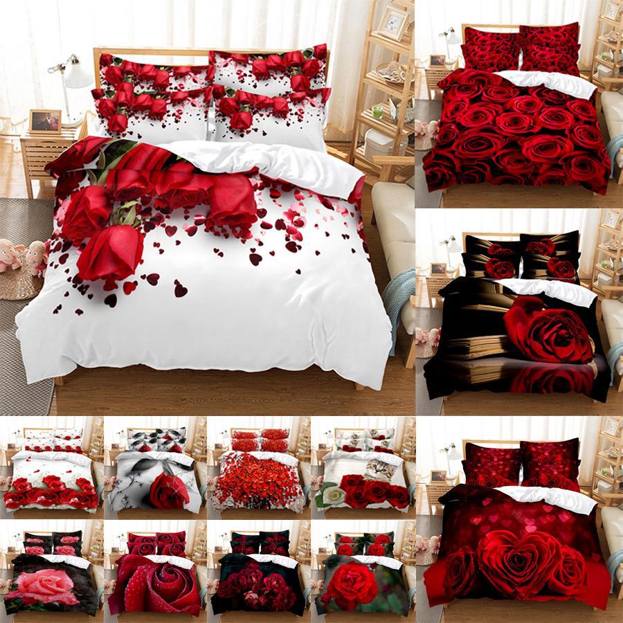 Sarung bantal selimut, Set tempat tidur mawar merah, selimut penutup selimut