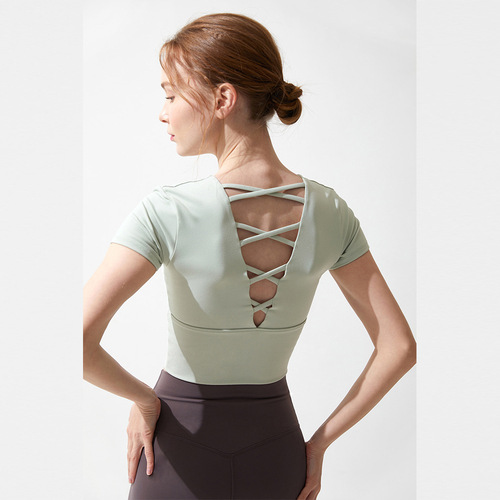 Women's Bare Skin Brushed Crew Neck Backless Tank Top Yoga Backless Top Sports Short Sleeve Top Fitness Top Yoga Wear