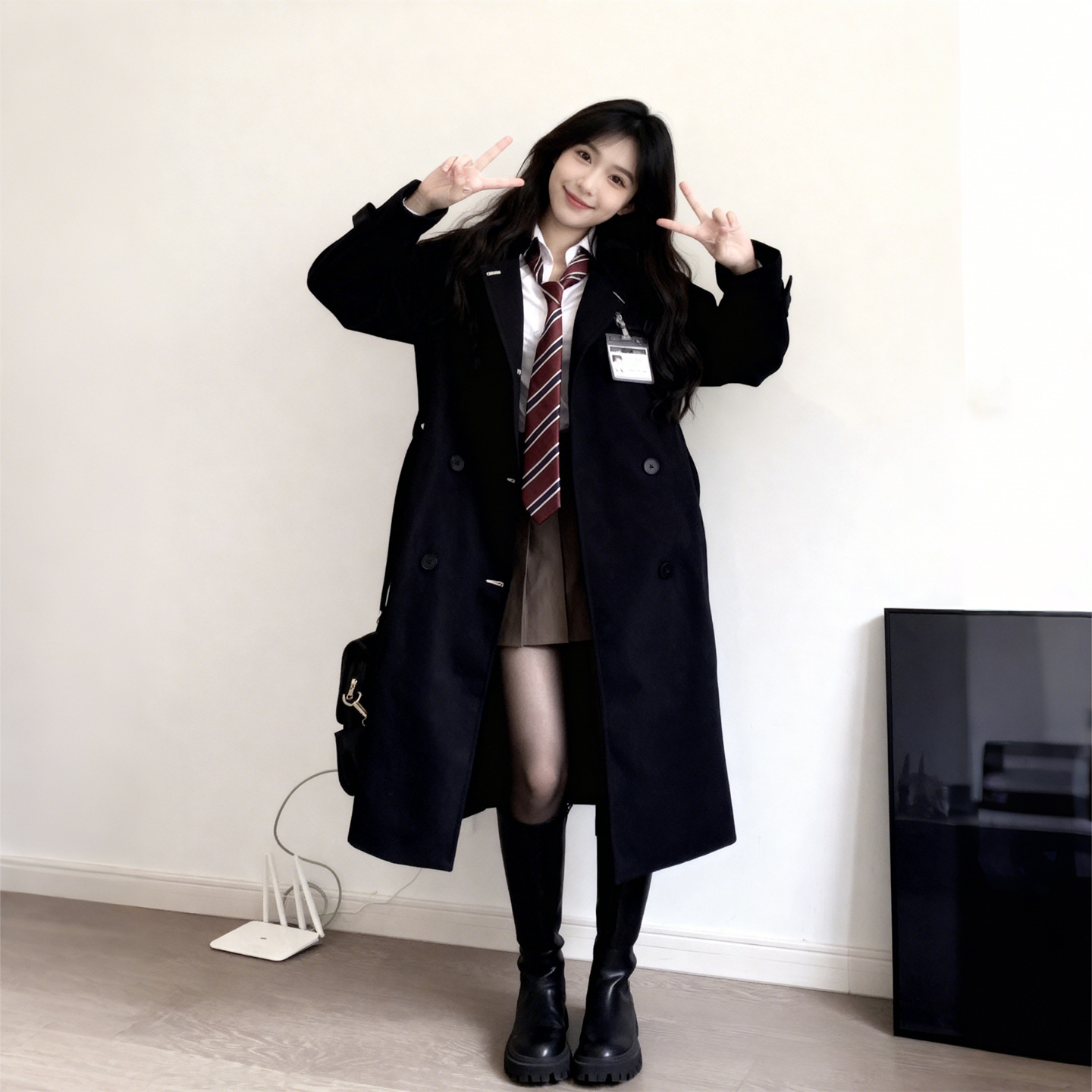 Black Trench Coat for Women, Spring and Autumn 2025 New Style, High-End Preppy Style, Petite Mid-Length Jk Uniform Coat