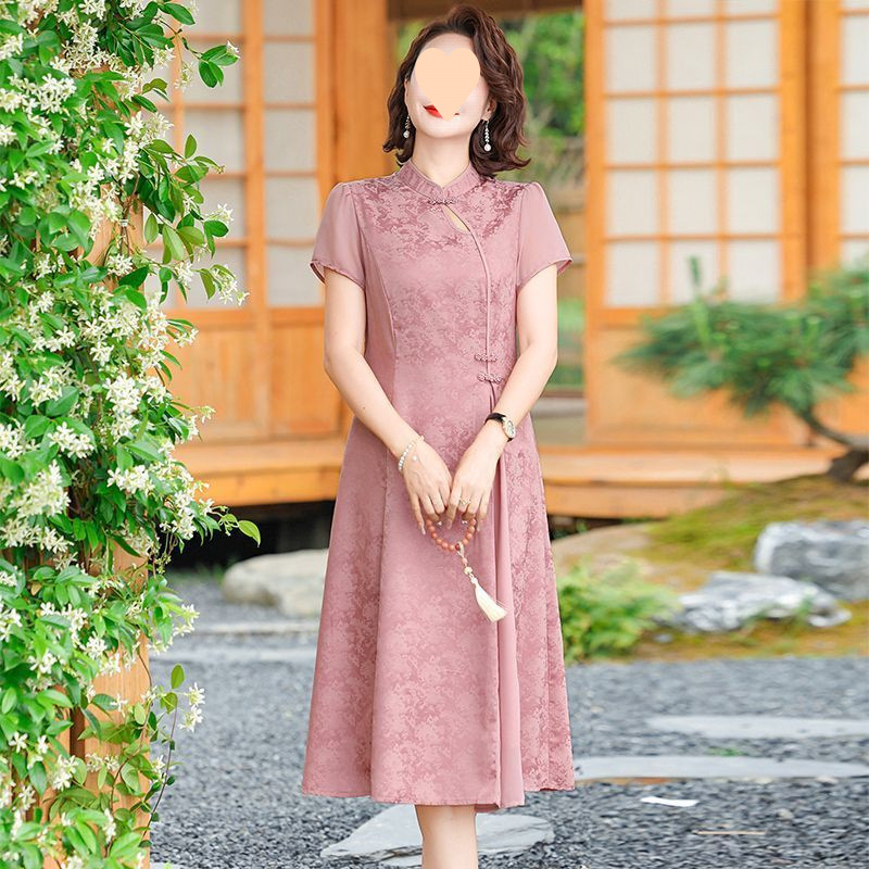 新中式国风连衣裙妈妈夏装小个子中老年女装夏季洋气雪纺旗袍裙子