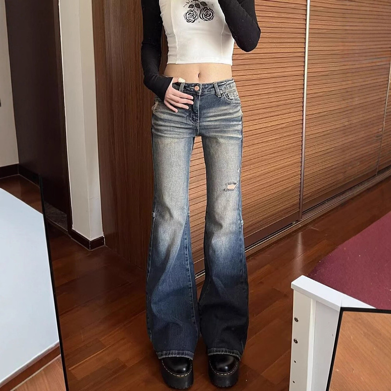 Hot Girl Retro Frayed Hole Micro-Flared Jeans for Women 2025 New Style Slim Fit Low-Crotch Micro-Flared Pants for Small People