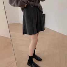 深灰色a字百褶短裙女春秋小个子高腰显瘦针织半身裙气质蓬蓬伞裙