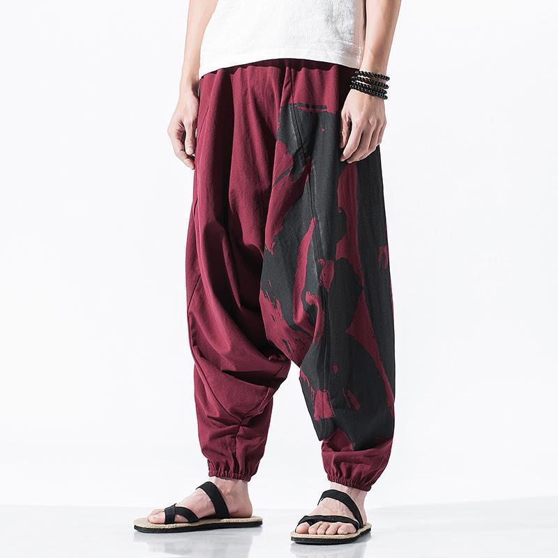 Pantalones de entrepierna colgante de Buda, pantalones de entrepierna baja de grasa especial de algodón y lino para hombre, pantalones de entrepierna de arrastre sueltos, pantalones de nueve puntos, pantalones holgados japoneses más grasa de talla grande