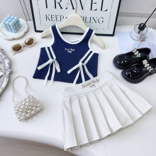 女童套装2025夏季新款洋气时髦蝴蝶结背心百褶裙两件套跨境代发