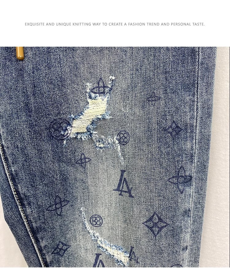 Slim Fit Printed Cropped Jeans For Men Distressed Patched Design_voghion.com