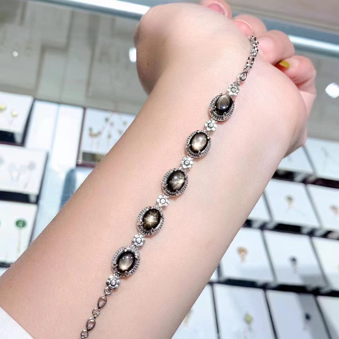 新款手链925银电镀18k镶嵌天然星光蓝宝石手链款式新颖