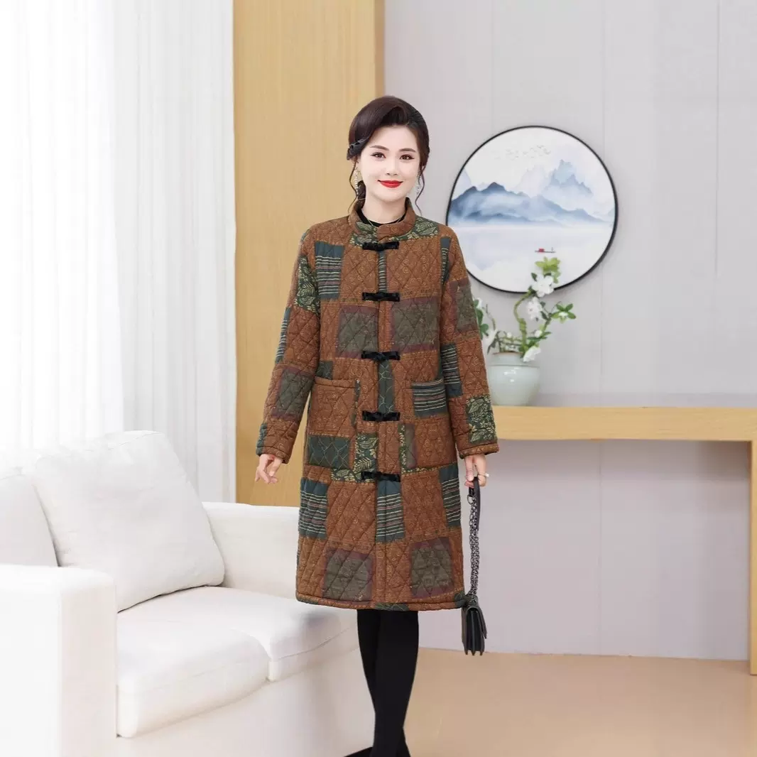 洋气妈妈冬季新款加绒棉服外套中老年女装复古盘扣中长款棉袄棉衣