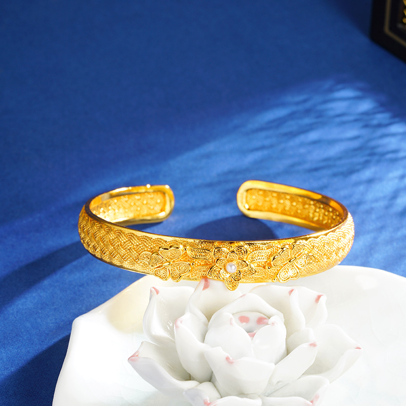 Gufasha oro seda tallado flor abertura brazalete no se desvanecerá mujer corte abertura brazalete joyería fuente al por mayor