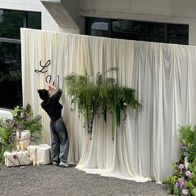 シャンパンミルクシルクウェディングストレッチ生地韓国クリームスタイル天井吊り布ウェディングガーゼ背景布装飾カーテン|undefined