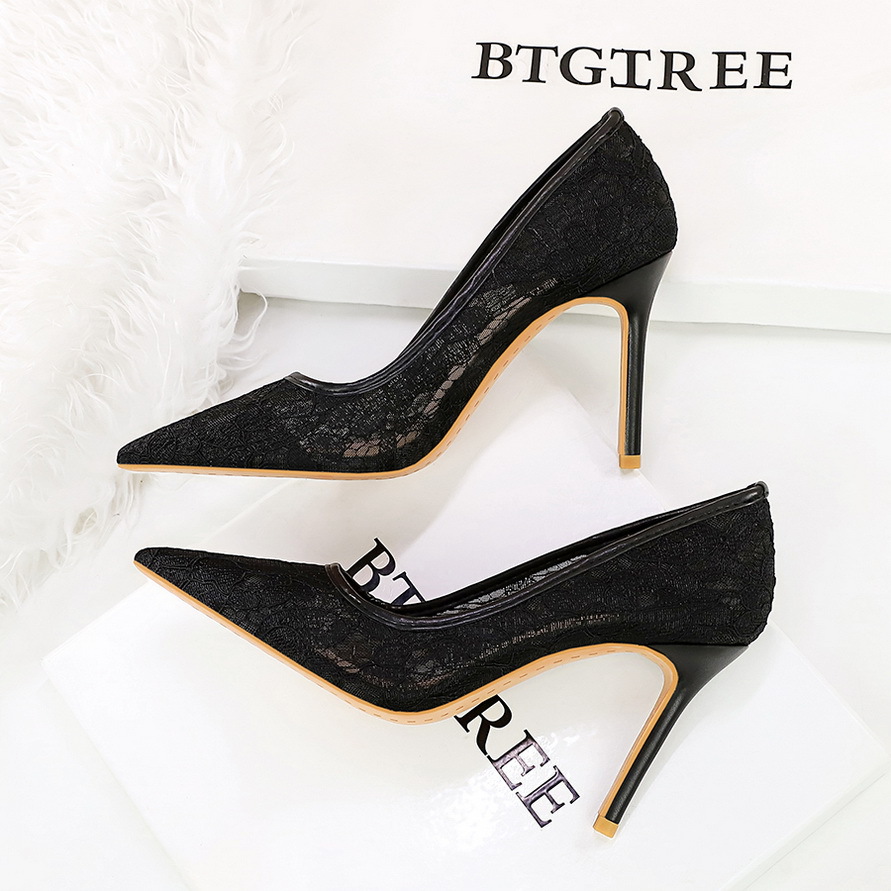 1963-1 Sexy Lace High Heels with Shallow Mouth and Sharp Point for Slimming Nightclub Style Mesh Fine Heels Single Shoes