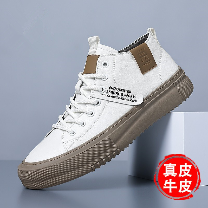 正品真皮运动休闲鞋中筒男鞋英伦秋季皮鞋男潮鞋厚底百搭板鞋
